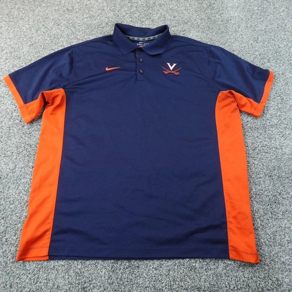 Virginia Cavaliers Polo Shirt Mens 2XL Blue Orange Nike NCAA Football Logo UVA